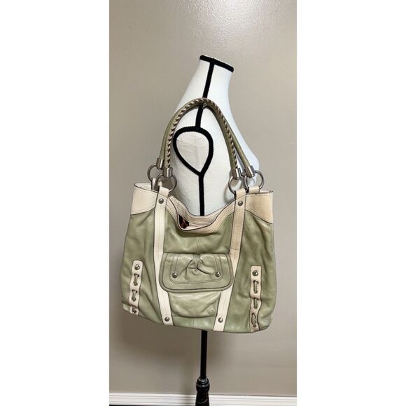 B. Makowsky sage green and white leather slouchy shoulder bag - Picture 1 of 12